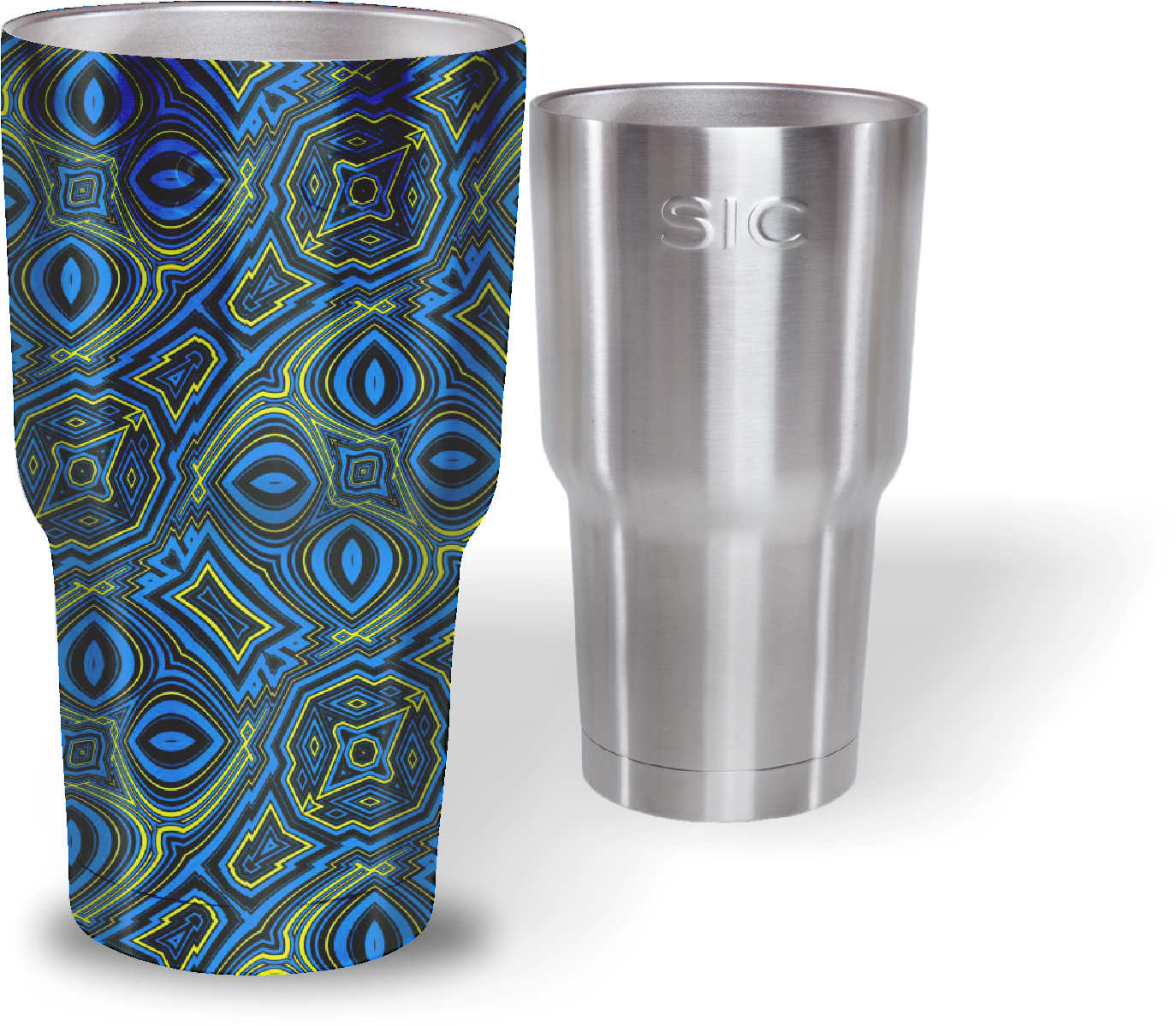 Blue Patternedand Stainless Steel Tumblers PNG image