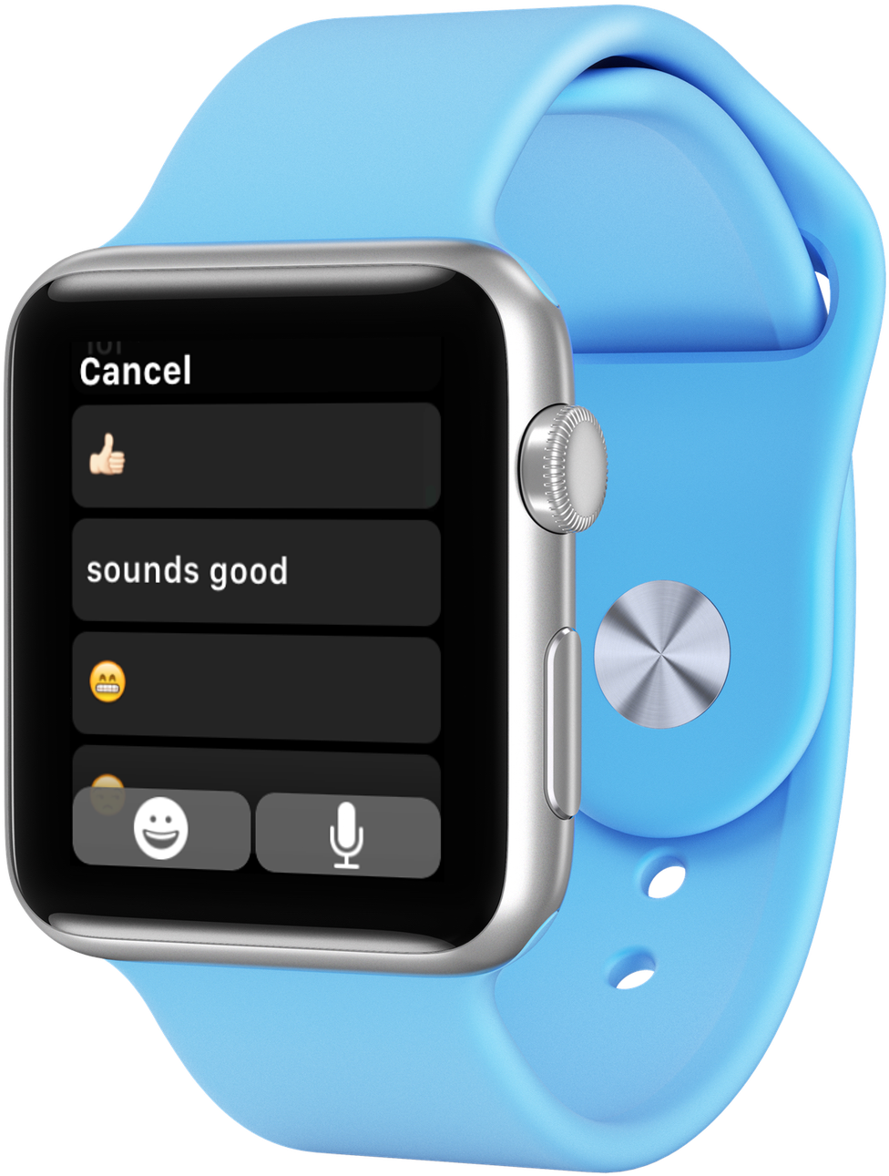 Blue Smartwatch Displaying Text Responses PNG image