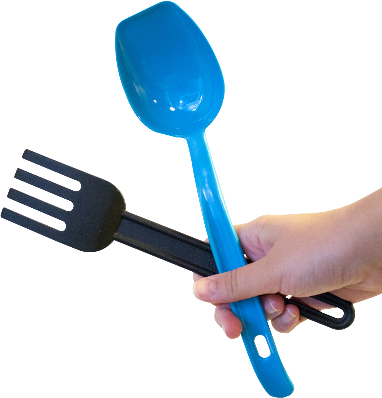 Blue Spoonand Black Forkin Hand PNG image