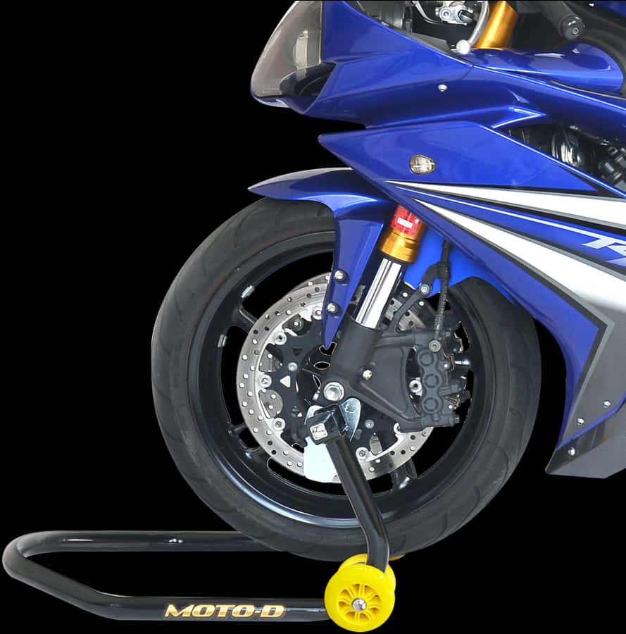 Blue Sport Motorcycle Front Wheeland Suspension PNG image