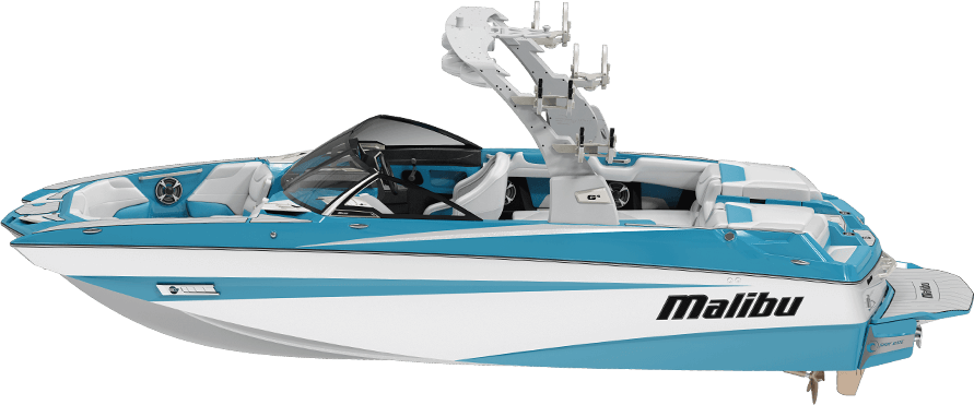 Blueand White Malibu Wakeboarding Boat PNG image