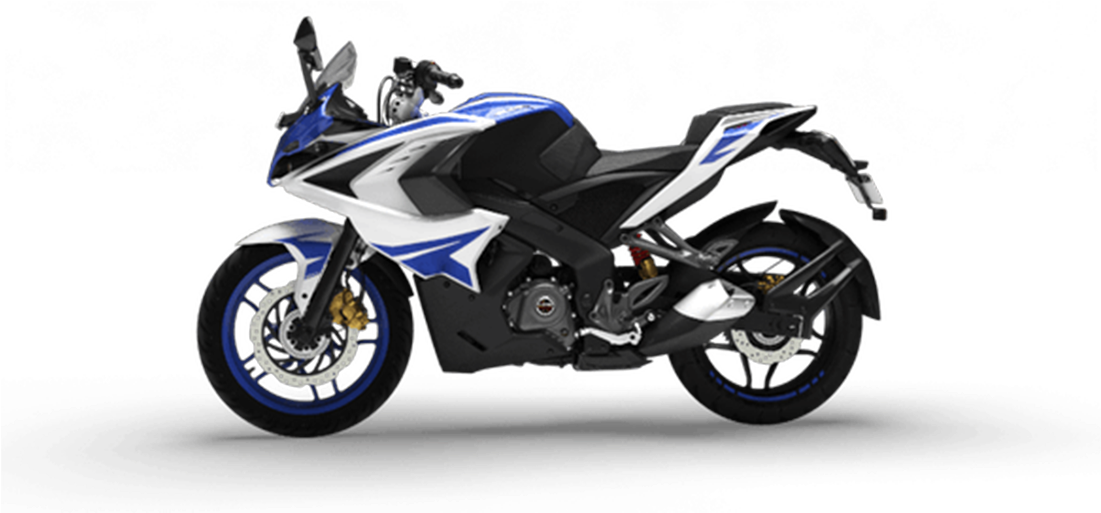 Blueand White Pulsar Sports Bike PNG image