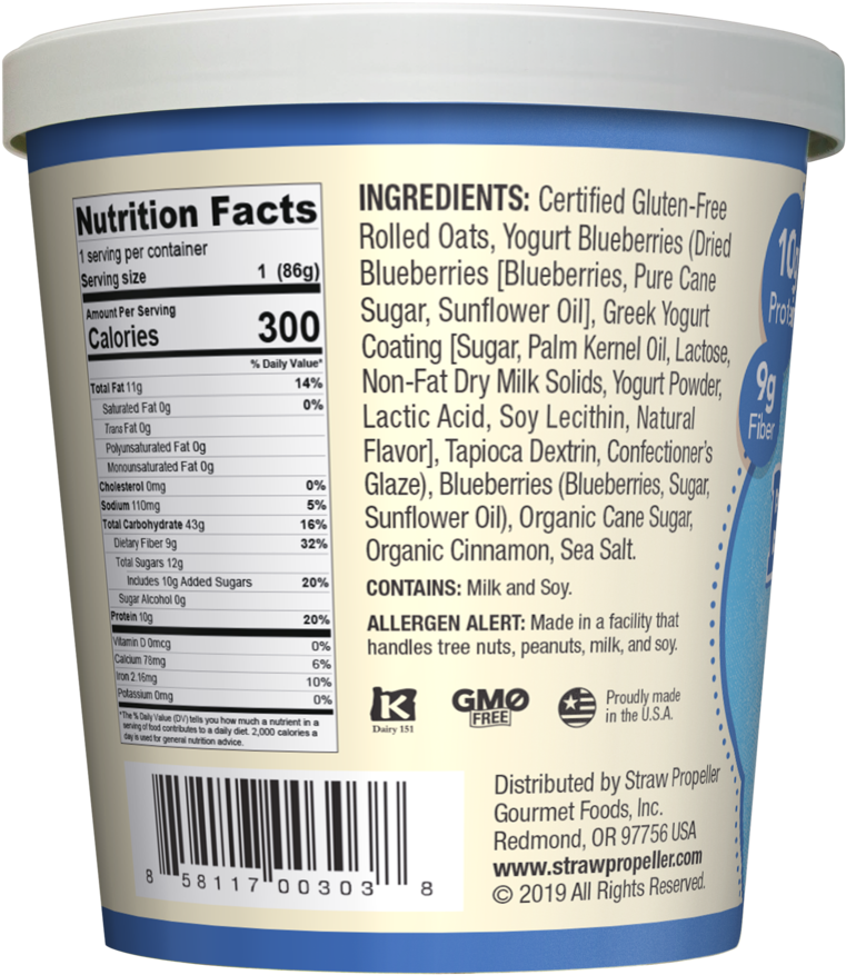 Blueberry Yogurt Oatmeal Nutrition Label PNG image