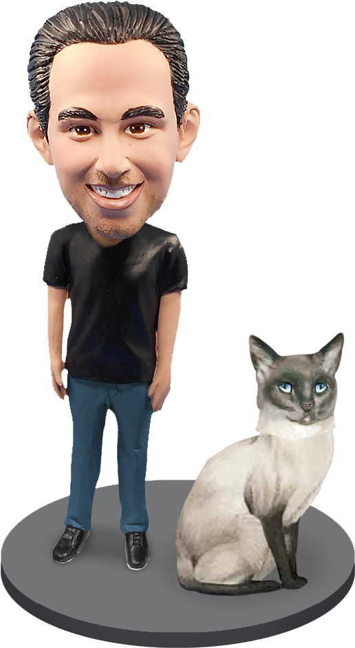 Bobblehead Manand Siamese Cat Figurines PNG image