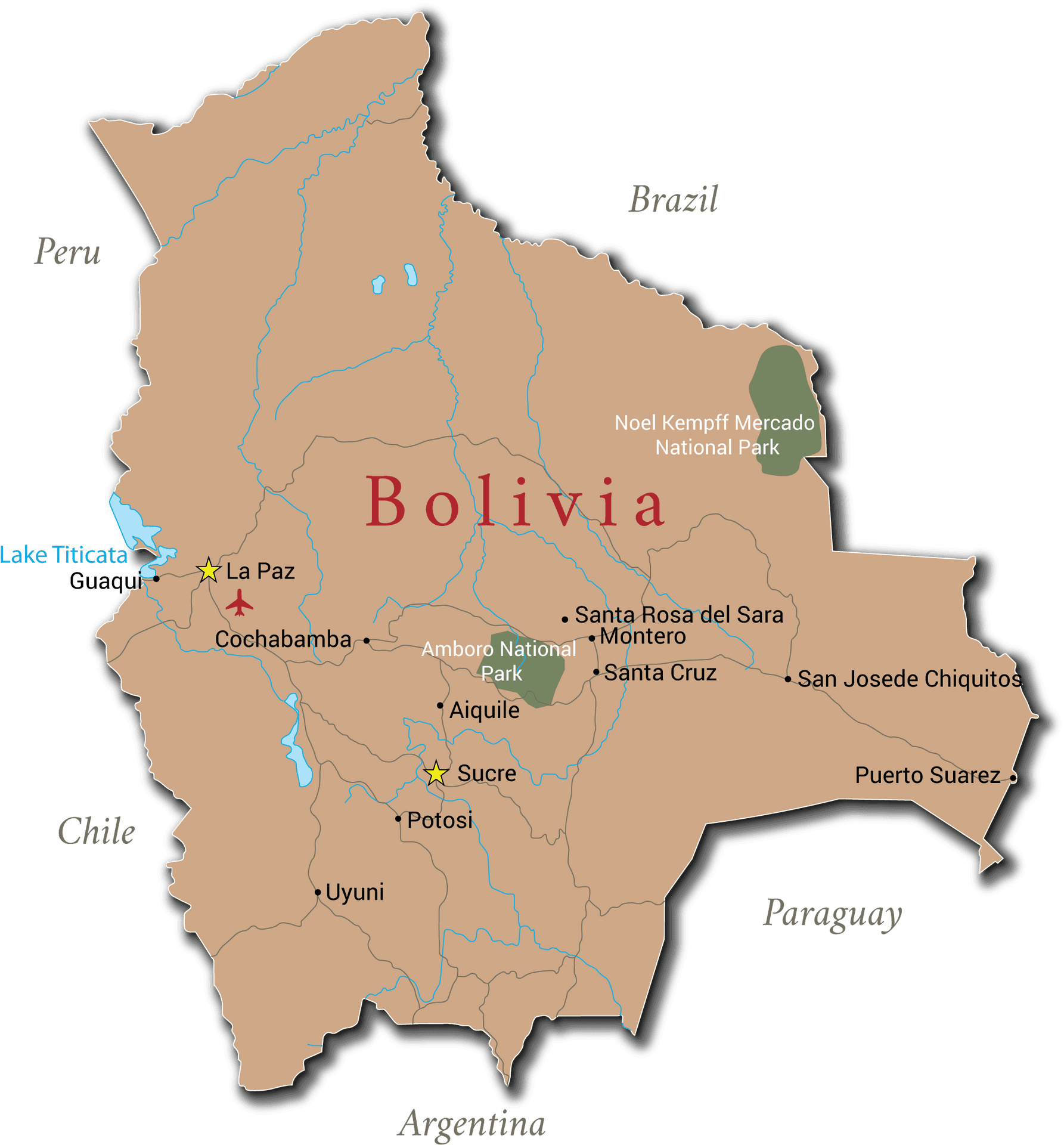 Bolivia Map Major Citiesand National Parks PNG image