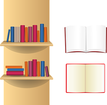 Bookshelfand Open Books Illustration PNG image