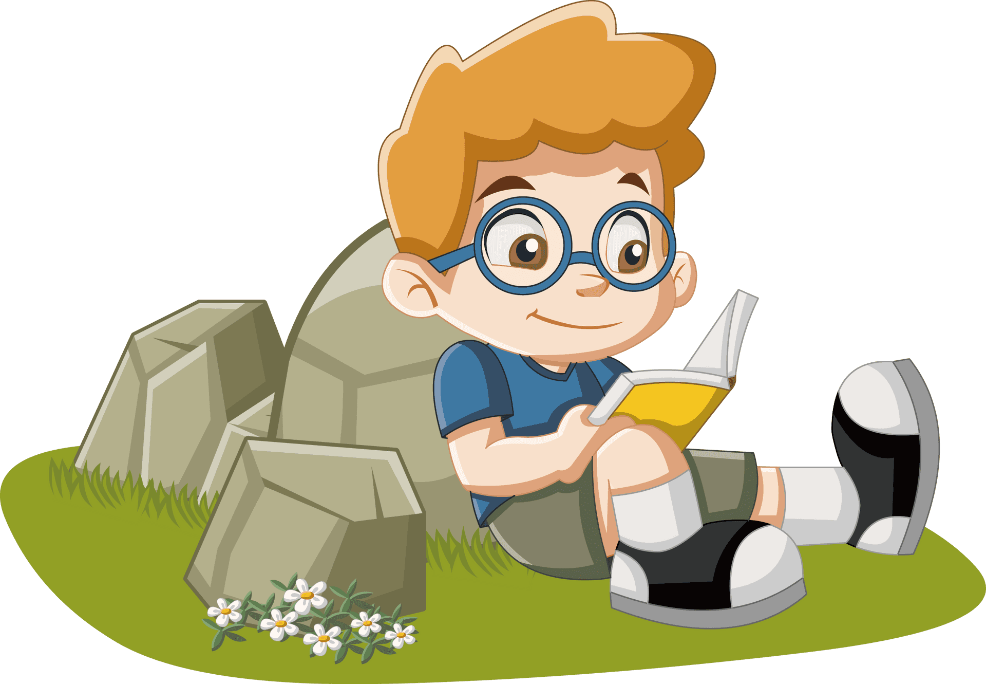 Boy Reading Book Outdoors PNG image