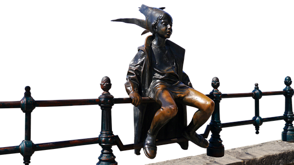 Bronze Statue Boy Sitting Fence PNG image