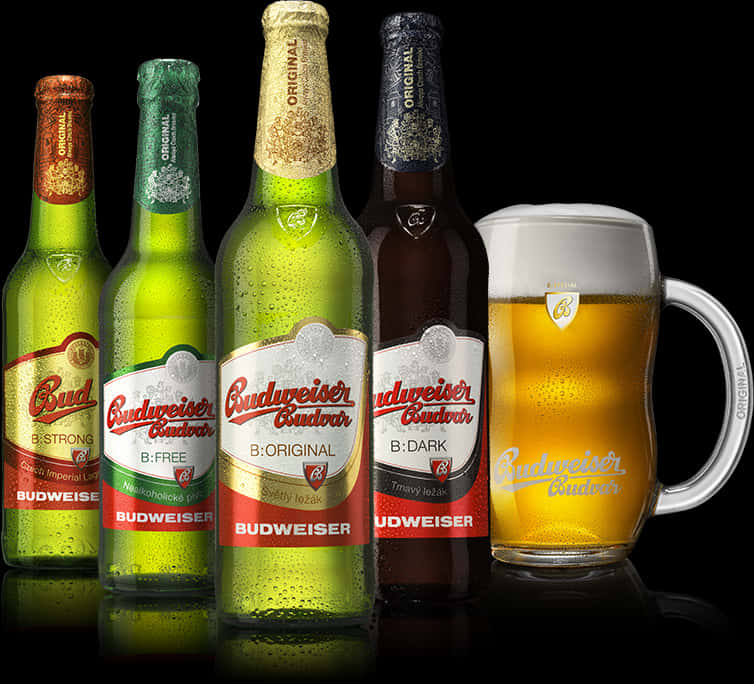 Budweiser Variety Beer Bottlesand Mug PNG image