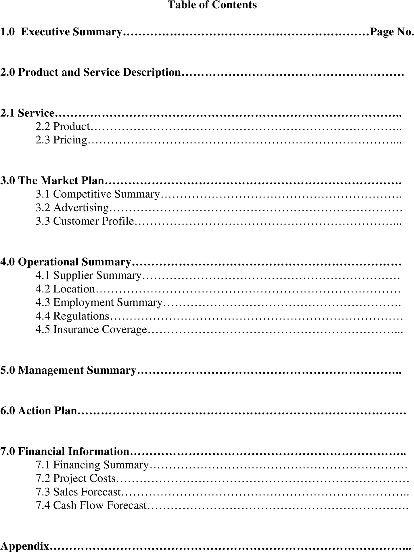 Business Plan Tableof Contents PNG image