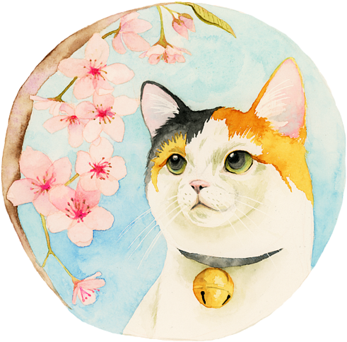 Calico Cat Cherry Blossoms Illustration PNG image