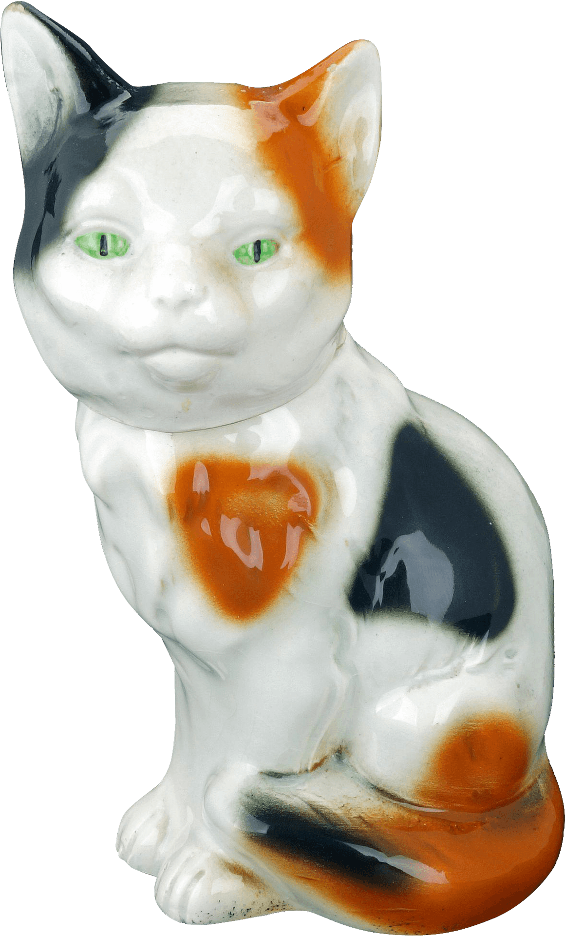 Calico Cat Figurine Green Eyes PNG image