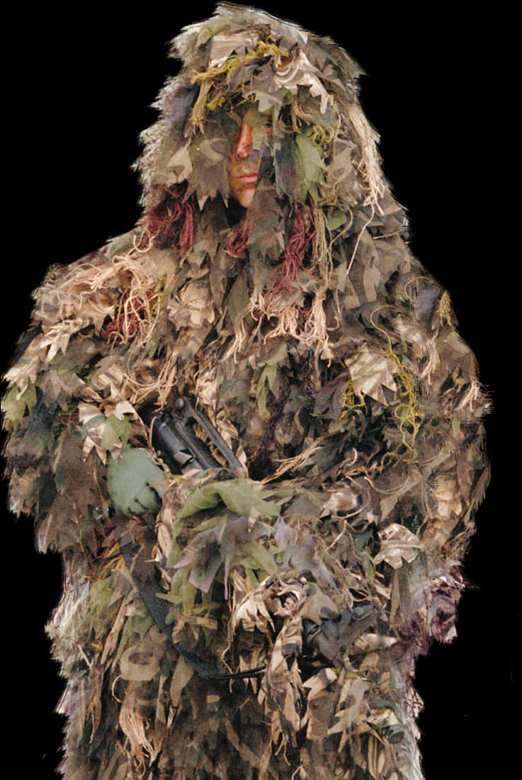 Camouflaged Sniperin Ghillie Suit PNG image