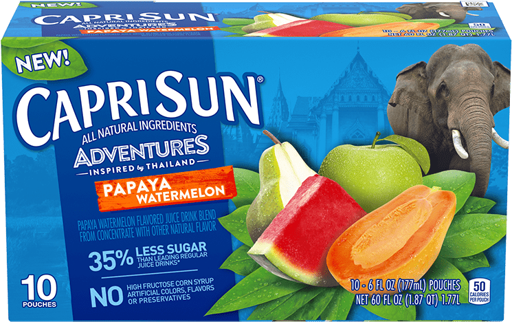 Capri Sun Adventures Papaya Watermelon Flavor Packaging PNG image