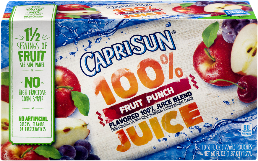 Capri Sun100 Percent Fruit Punch Juice Packaging PNG image