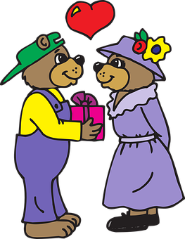 Cartoon Bears Sharing Gift Love Heart PNG image