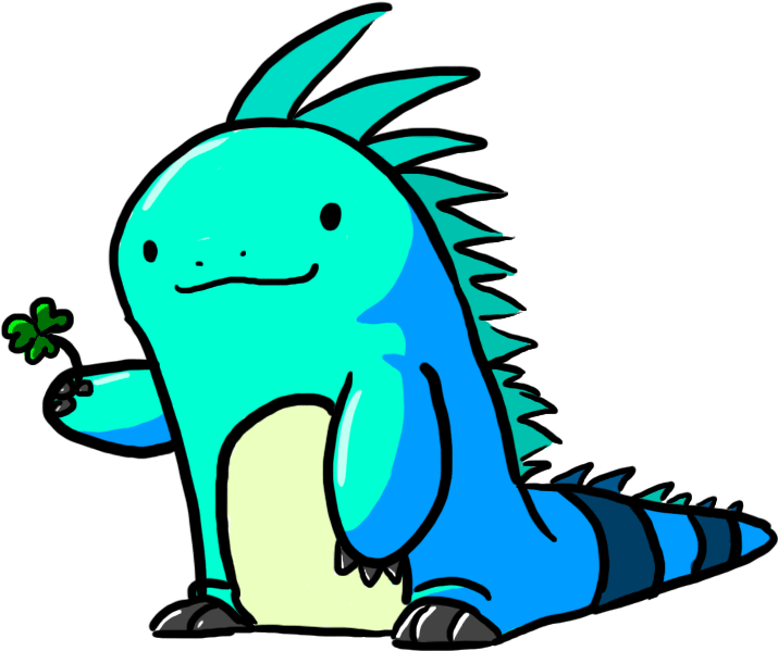 Cartoon Blue Iguana Holding Clover PNG image