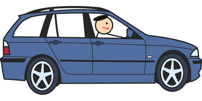 Cartoon Blue Station Wagon With Driver PNG image