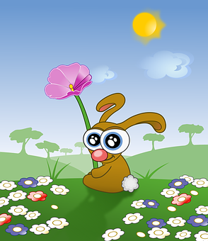 Cartoon Bunny With Flowerin Meadow.jpg PNG image