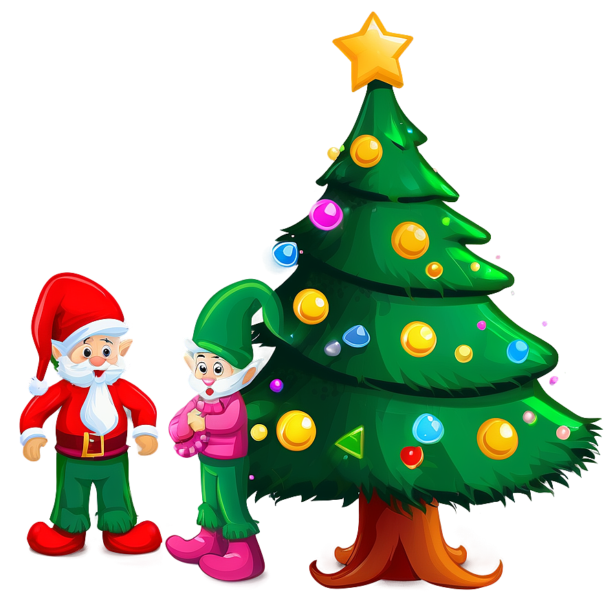 Cartoon Christmas Tree With Elves Png Bjl PNG image