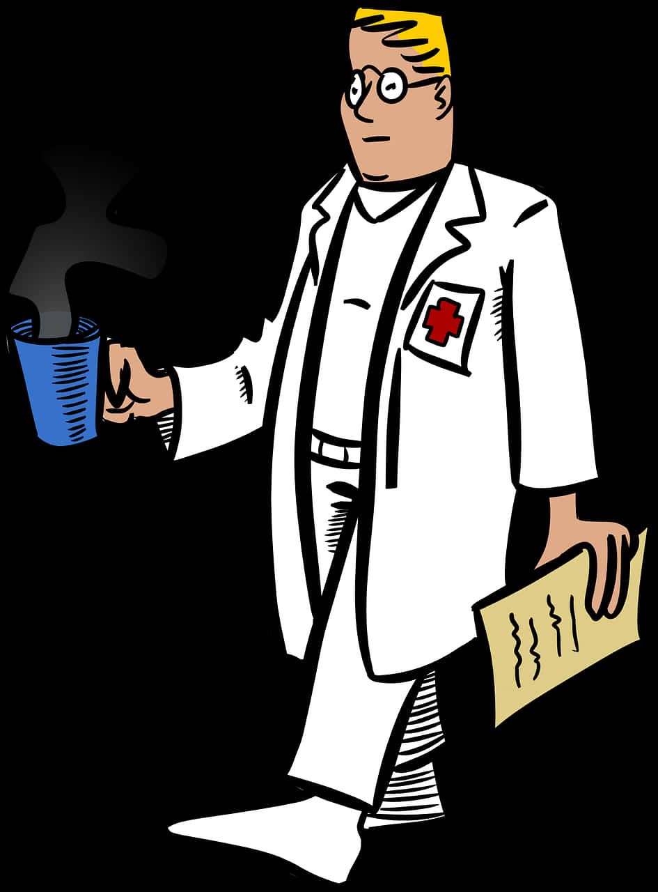 Cartoon Doctor Holding Steaming Cup PNG image