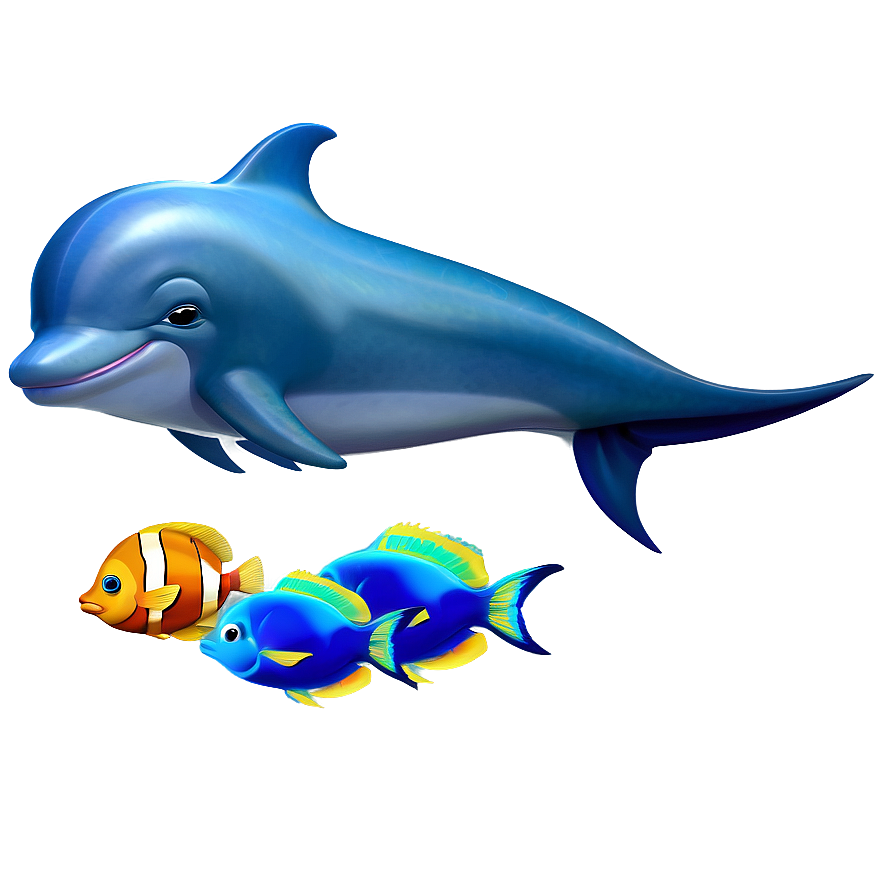 Cartoon Dolphin With Fish Friends Png 15 PNG image