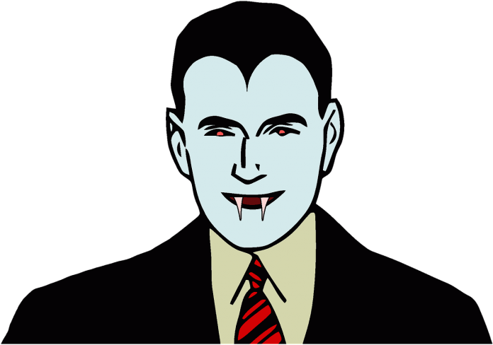 Cartoon Dracula Smiling Fangs Red Eyes PNG image