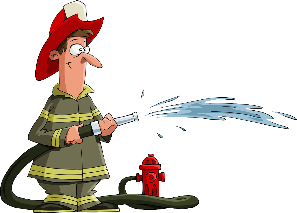 Cartoon Firefighter With Hoseand Hydrant PNG image