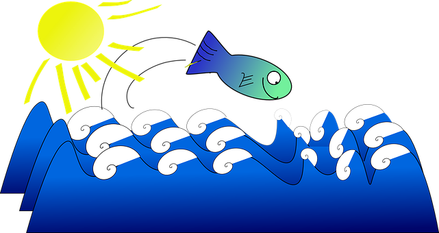Cartoon Fish Jumping Over Waves PNG image