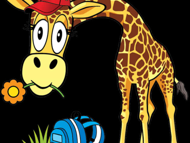 Cartoon Giraffe With Flowerand Backpack PNG image