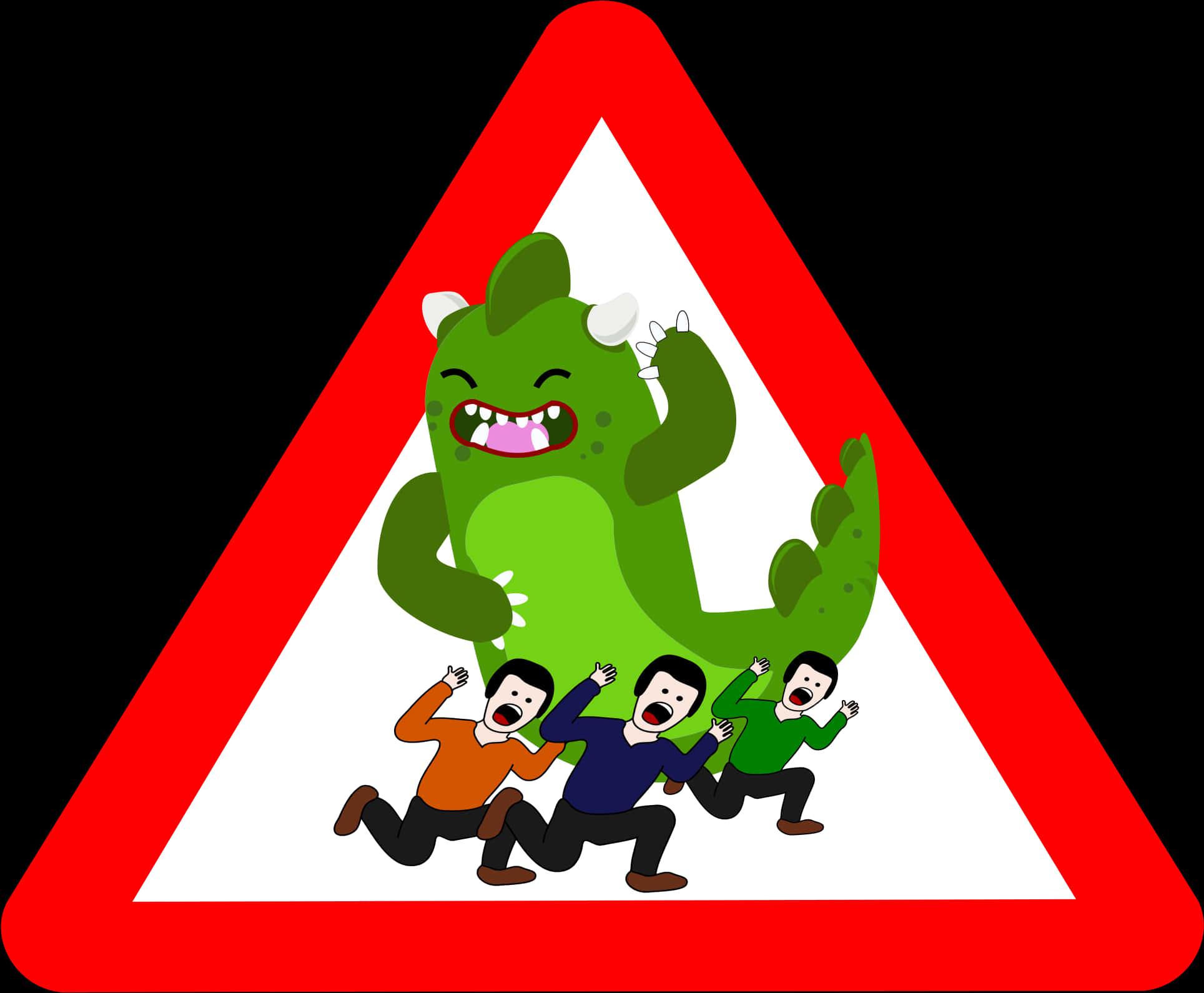 Cartoon Godzilla Chasing People Sign PNG image