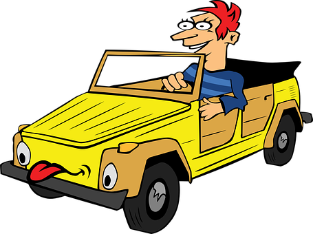 Cartoon Man Driving Yellow Car PNG image