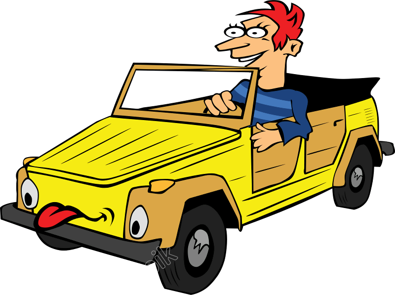 Cartoon Man Driving Yellow Car PNG image