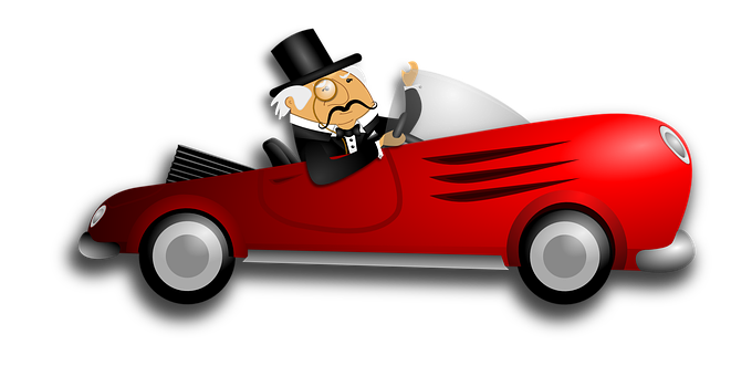 Cartoon Monopoly Man Driving Red Car PNG image