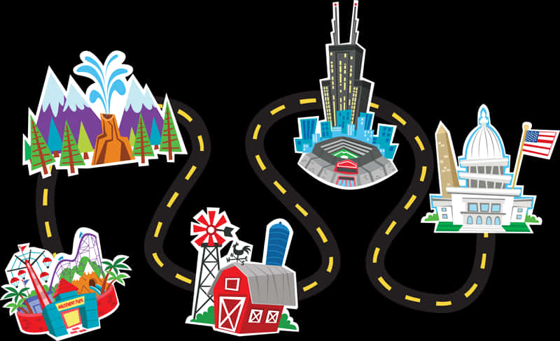 Cartoon Road Trip Attractions PNG image