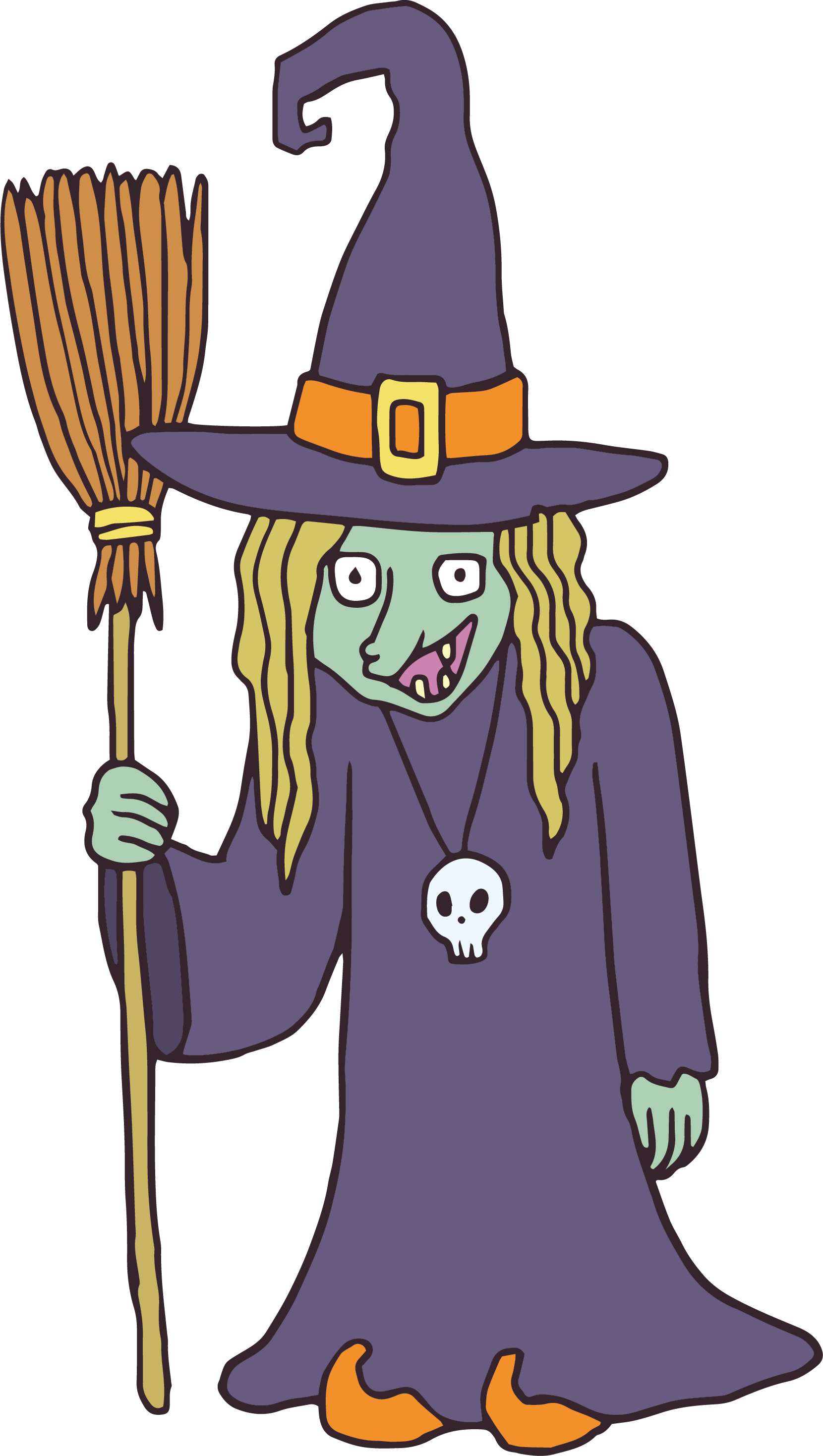 Cartoon Witchwith Broomand Skull Accessory PNG image