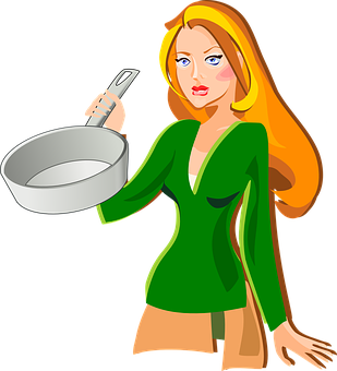 Cartoon Woman Holding Frying Pan PNG image