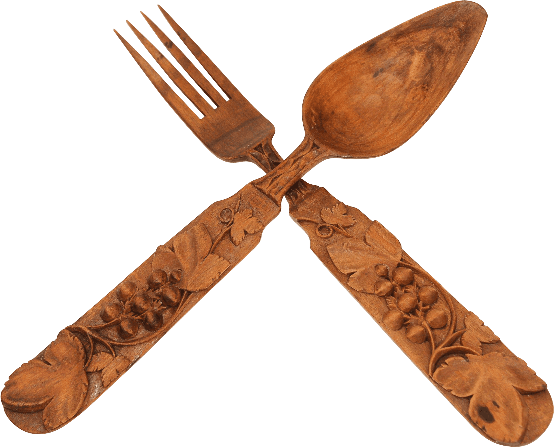 Carved Wooden Forkand Spoon Crossed PNG image