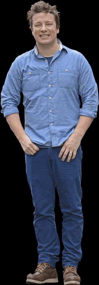 Casual Man Standing Smiling Denim Outfit PNG image