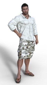 Casual Man White Shirt Camouflage Shorts PNG image