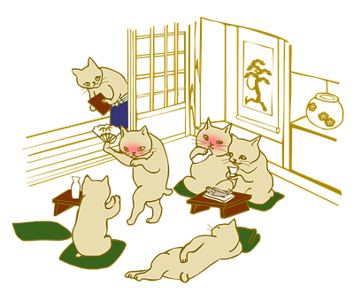 Cats Enjoying Traditional Japanese Party PNG image