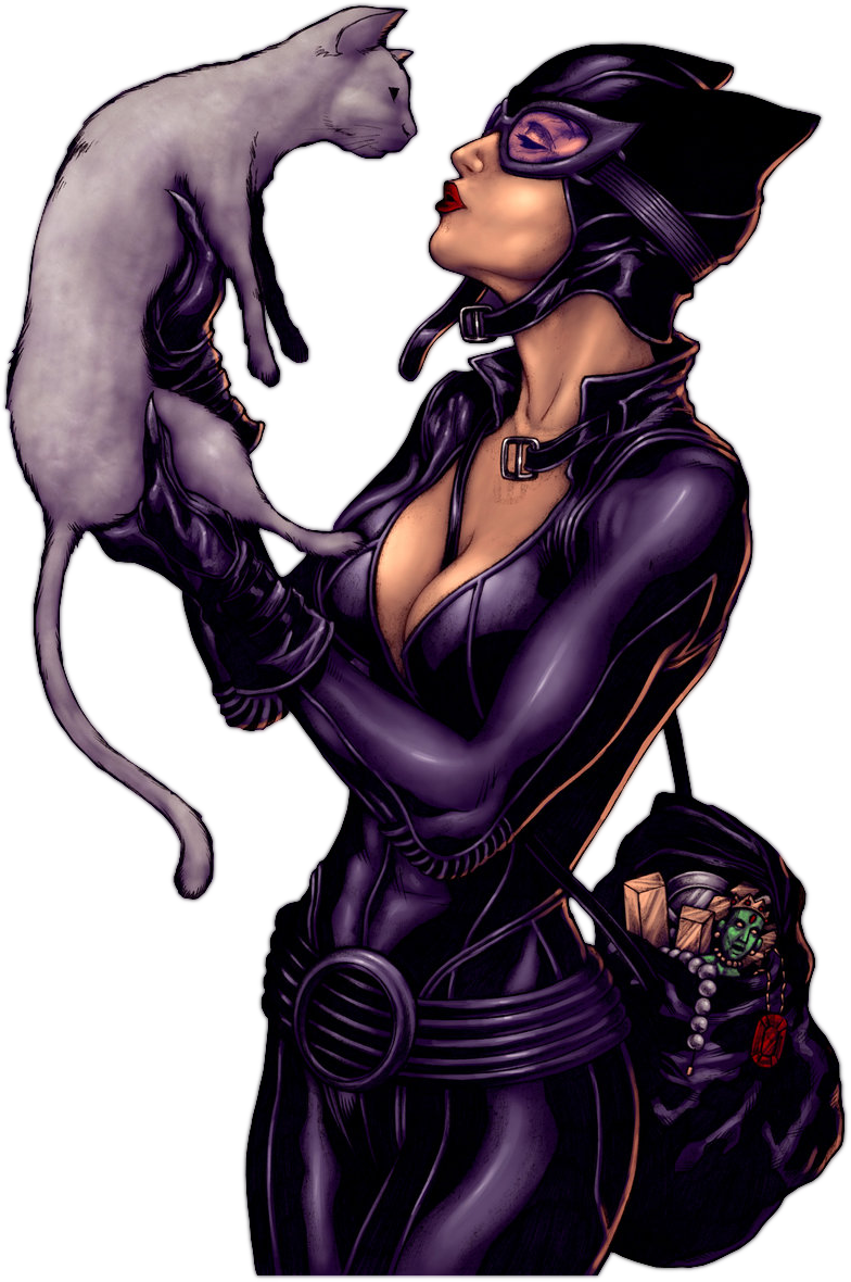 Catwoman Holding White Cat Illustration PNG image