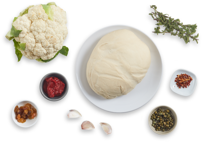 Cauliflowerand Dough Ingredients Setup PNG image