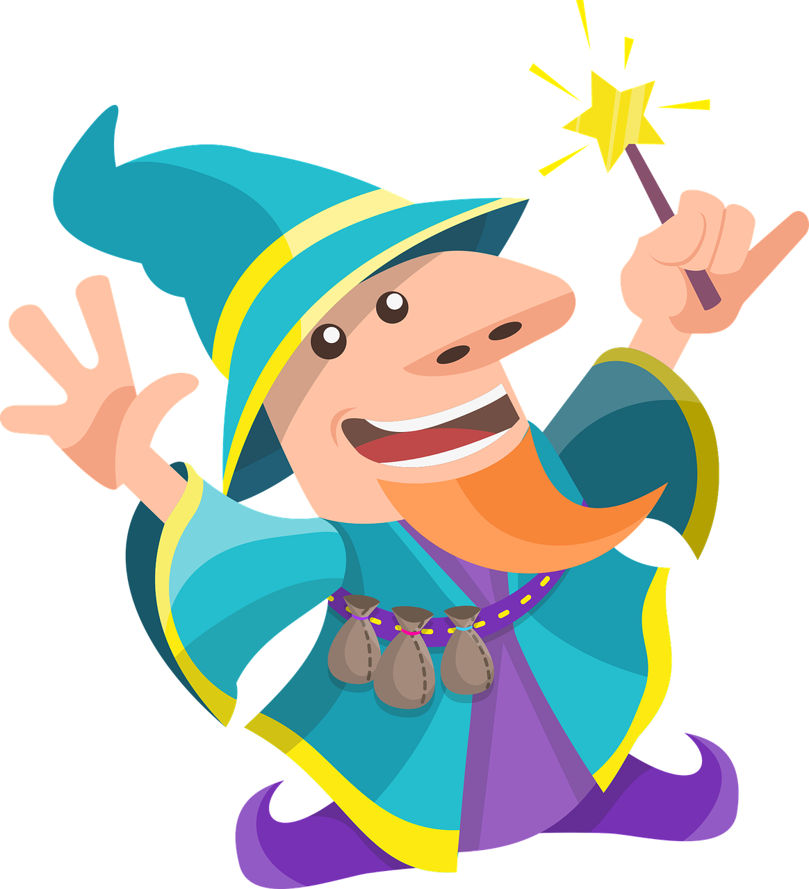 Cheerful Cartoon Wizard Casting Spell PNG image