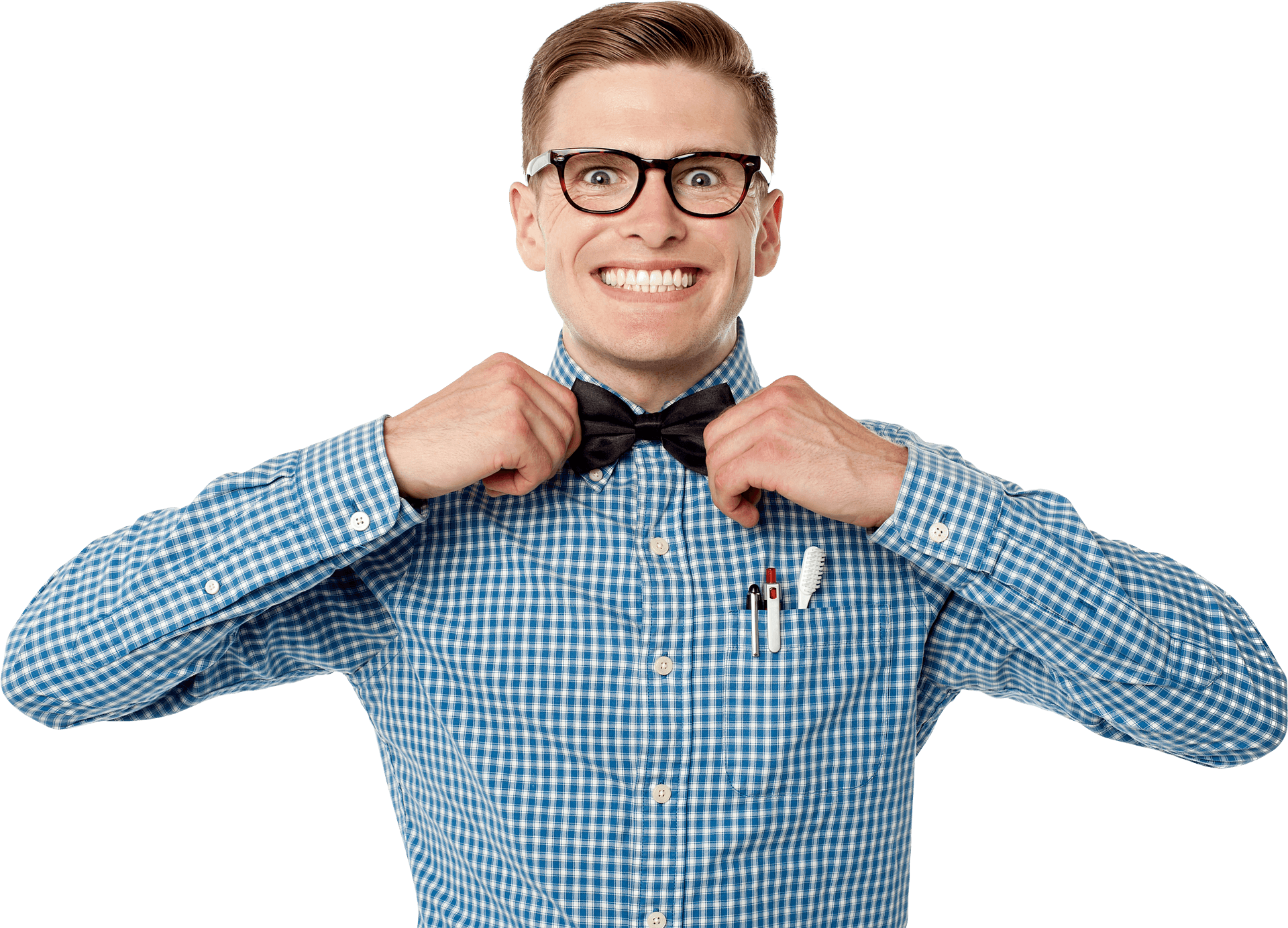 Cheerful Man Adjusting Bowtie PNG image