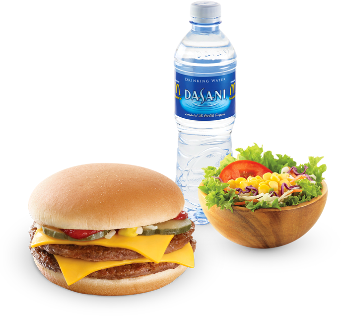 Cheeseburger Meal Combo Water Bottle Salad PNG image