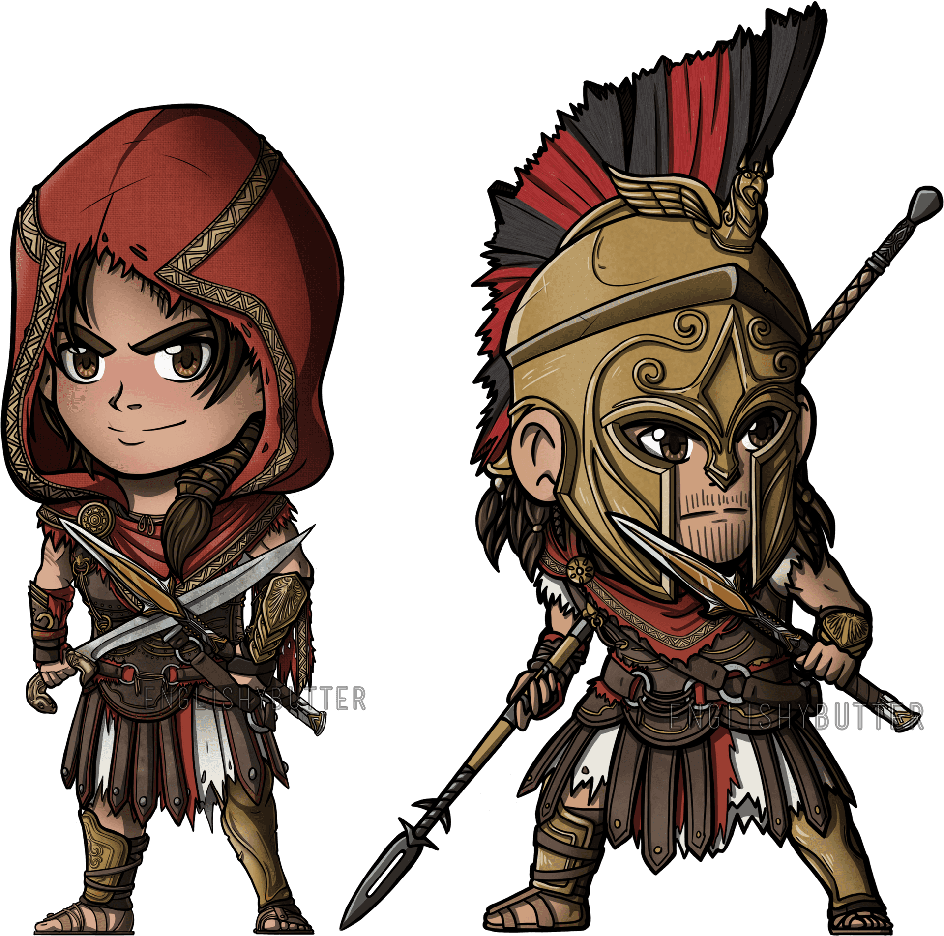 Chibi_ Assassin_and_ Aztec_ Warrior_ Illustration PNG image