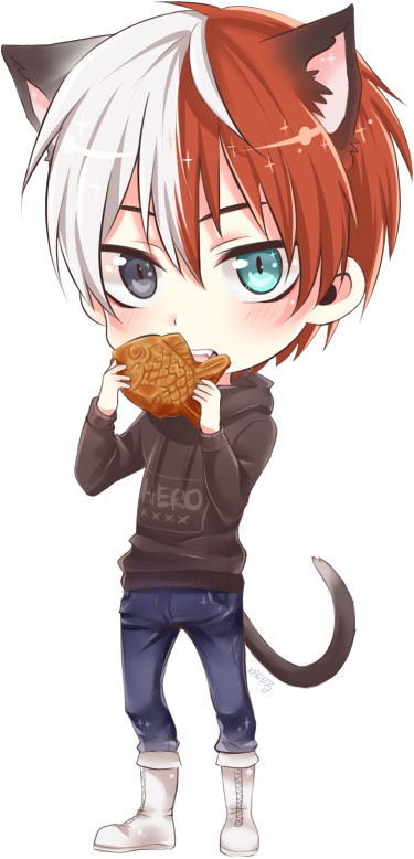 Chibi Cat Boy Eating Fish Cookie PNG image