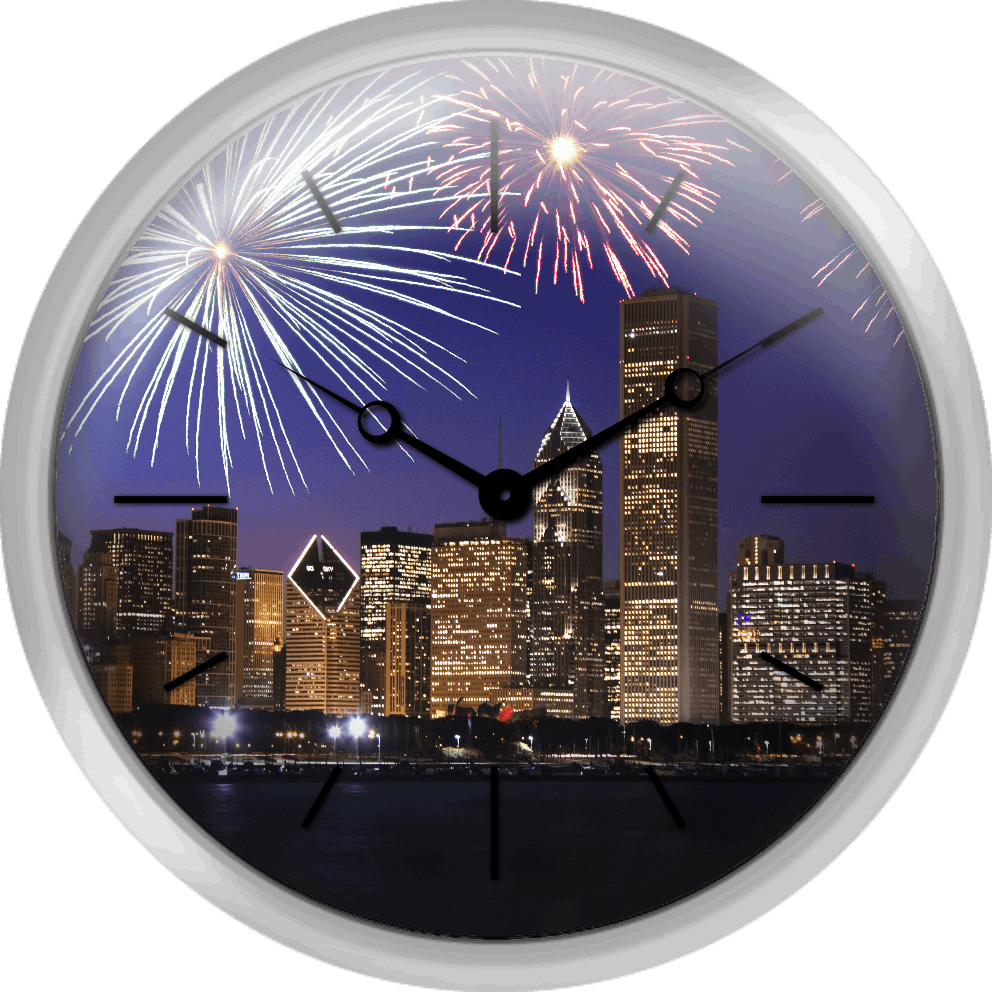 Chicago Skyline Fireworks Clock PNG image