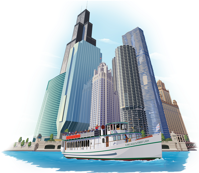 Chicago Skyscrapersand Tour Boat Illustration PNG image